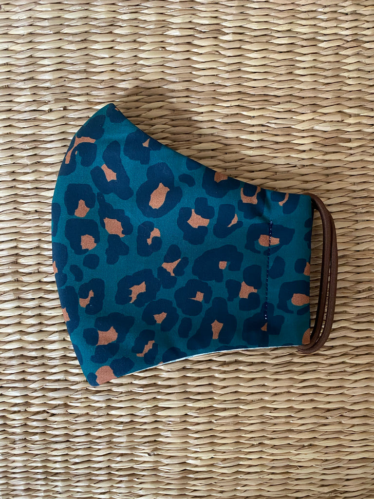 NEW! Cotton Face Mask - ADULT - teal leopard print